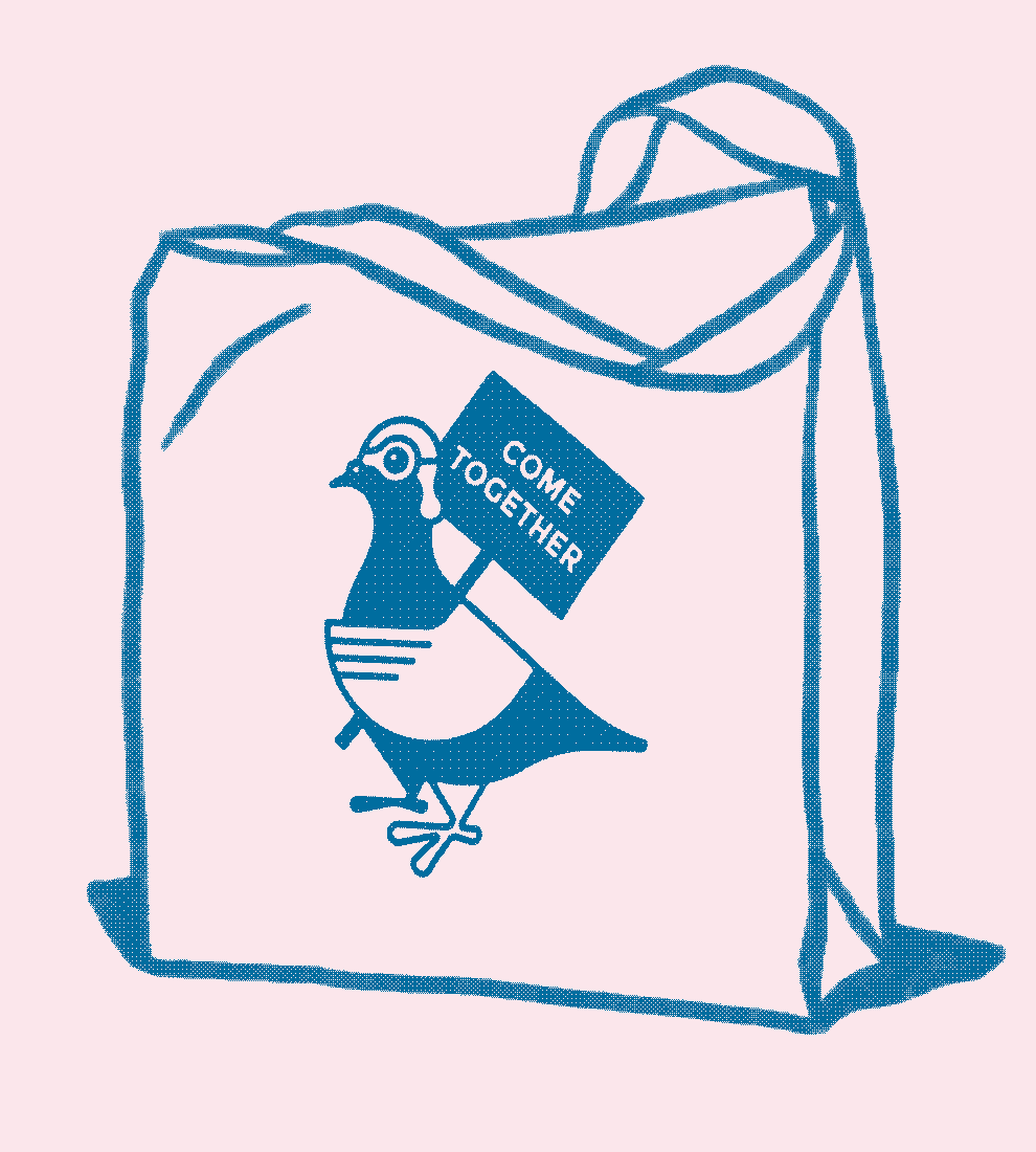 Photo of our natural cotton Carrier Bag with blue carrier pigeon motif.