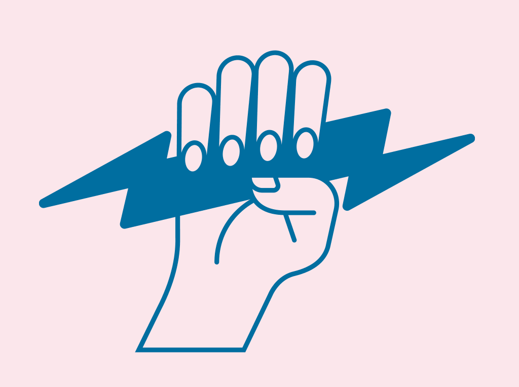 Hand Bag motif. Female hand gripping a lightning bolt, signifying power.