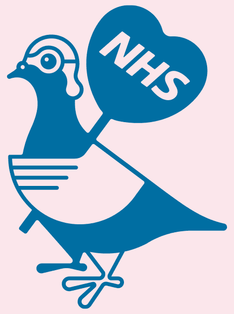Pat, the Oasthaus pigeon holding up a heart-shaped sign, containing the letters NHS.